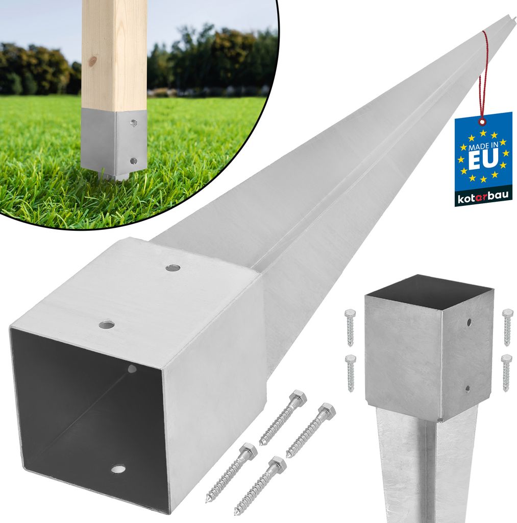 KOTARBAU Einschlaghülse 900 mm Pfostenträger zum Einschlagen für Zaunpfosten 121 x 121 mm Einschlagbodenhülse Stahl Feuerverzinkt Silber