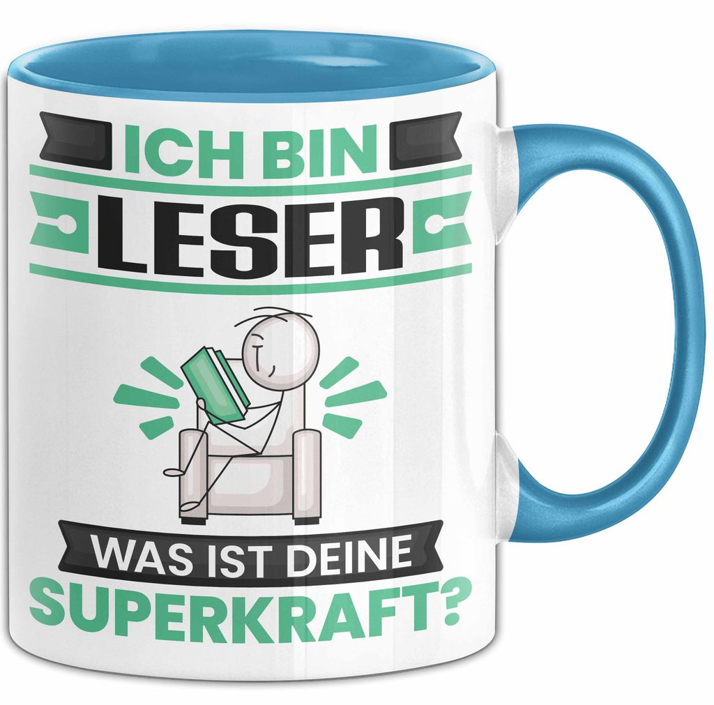 Leser Tasse Geschenk für Leser Geburtstag Lustiger Spruch Kaffee-Becher Was Ist Deine Superkraft (Blau)
