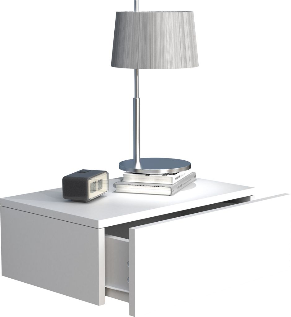 A white wall-mounted nightstand with a drawer partially open, a lamp, a digital clock, and books on top.