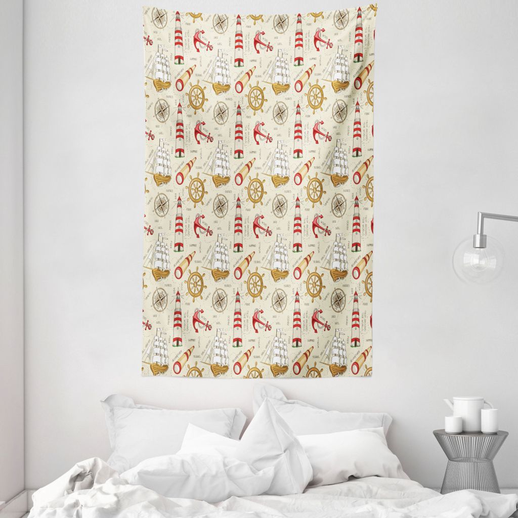 ABAKUHAUS Nautisch Wandteppich und Tagesdecke, Leuchtturm Schiff Trip aus Weiches Mikrofaser Stoff Waschbar ohne Verblassen Digitaldruck, 140 x 230...