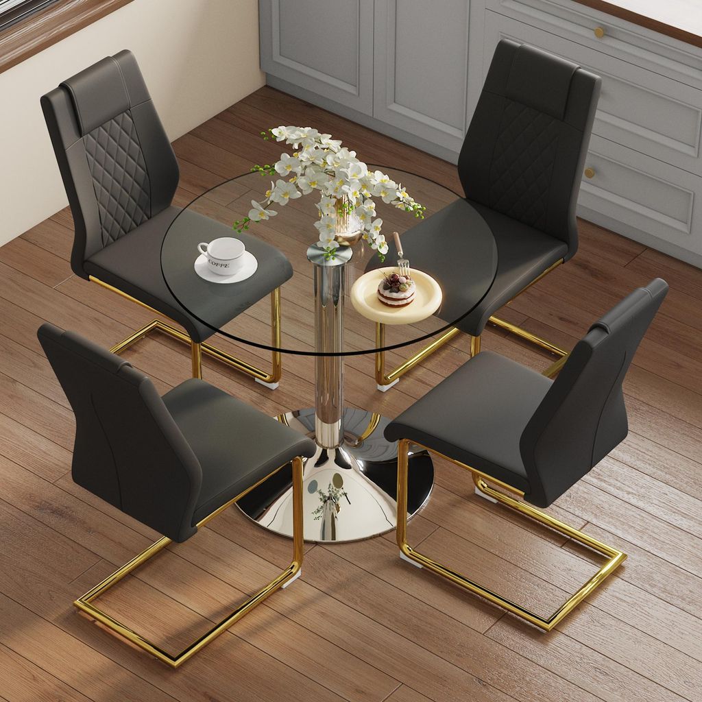 MODFU Esszimmerstuhl Set,4er-Set Schwarz Küchenstuhl und Transparenter Glastisch,Esstisch 85 cm mit silbernen Metallbasis,mit goldenen bogenförmi...