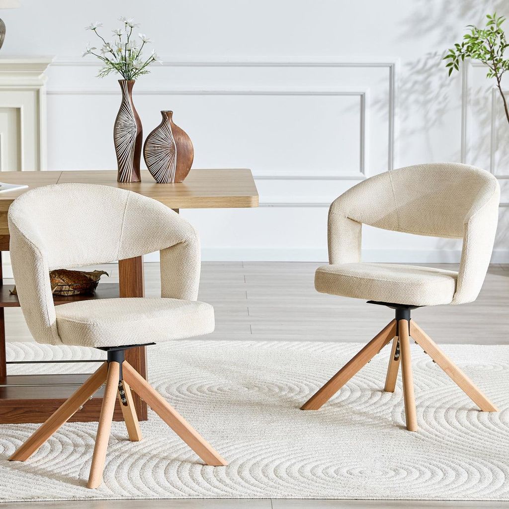 2er-Set Retro-Luxus-Drehstühle Esszimmerstühle aus Strukturstoff Cremeweiß mit Massivholzbeinen 360 Grad drehbar mit Rückenlehne Höhe 81,5 cm