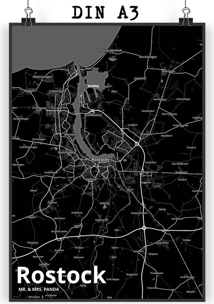 Mr. & Mrs. Panda Bild Rostock DIN A3 - Geschenk, Plakat, kunstdruck poster, Stadt, wanddeko, Wandbild, Dorf Karte Landkarte Map Stadtplan