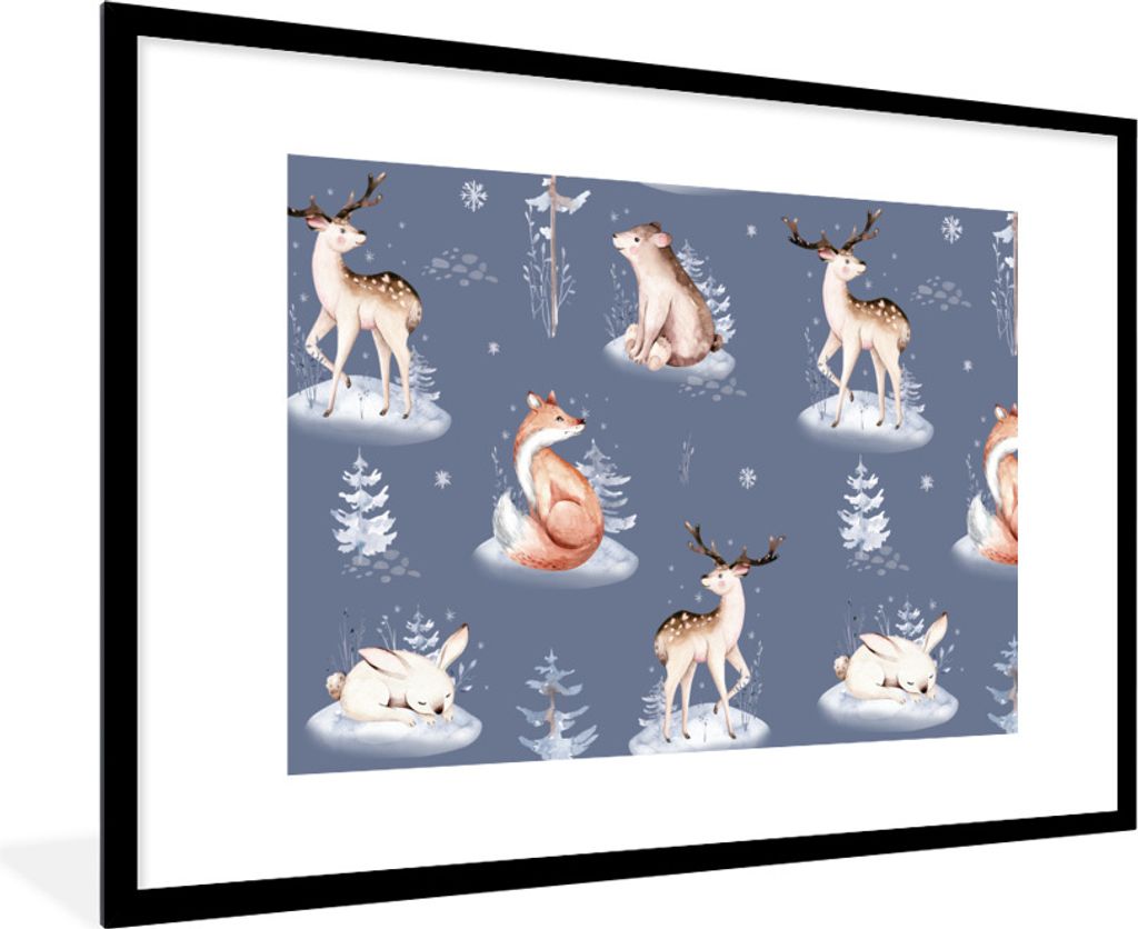 MuchoWow Gerahmtes Poster Winter - Tiere - Muster 90x60 cm - Poster mit Schwarzem Bilderrahmen Wandposter Rahmen Foto Bilder - Wanddekoration - F...