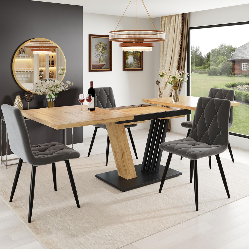 okwish Wohnzimmer-Esstisch Küchentisch mit höhenverstellbare Füße, Beistelltisch Serviertisch Ausziehtisch mit Ausziehplatte und Holzoptik, Holz