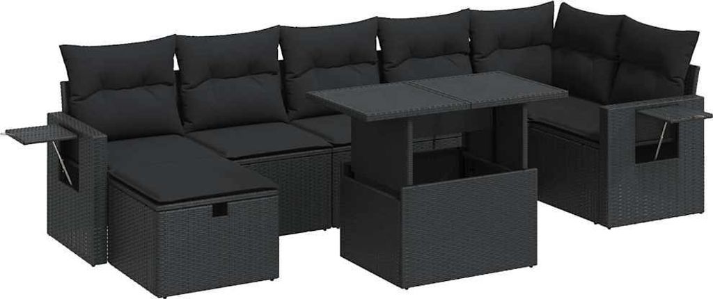 8-tlg. Garten-Sofagarnitur mit Kissen Schwarz Poly Rattan