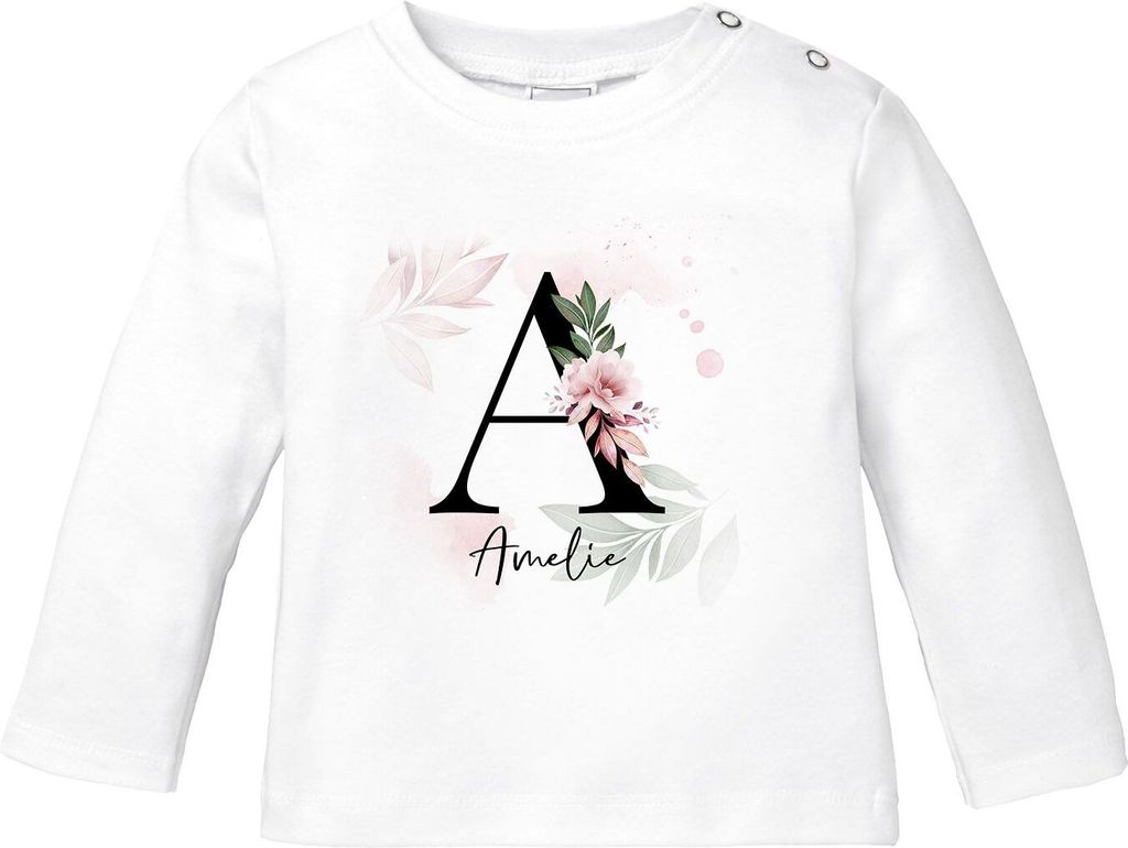 Baby Langarmshirt mit Namen personalisiert Monogramm Initiale Anfangsbuchstabe anpassbar Mädchen Baumwolle SpecialMe Blumenhintergrund weiß 92/...