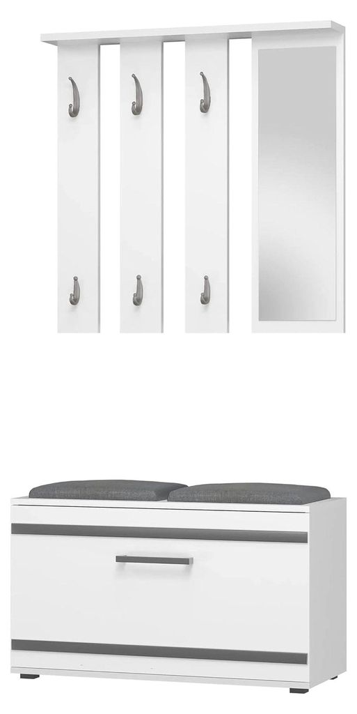 Garderoben-Set Flurmöbel Wandgarderobe mit Spiegel Schuhschrank Sitzbank 6 Haken 4 Fächer Modern Loft Design 85 x 35 x 180 cm - Weiß