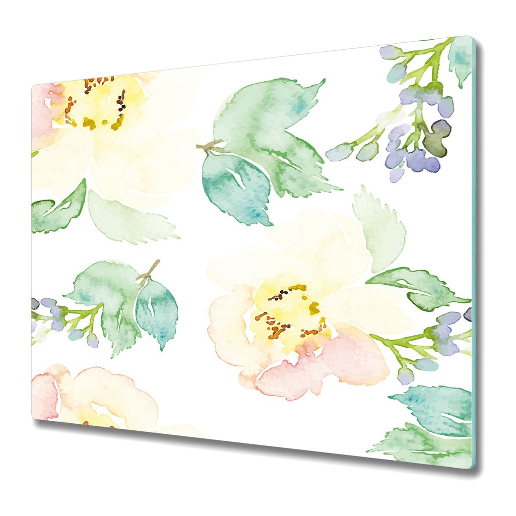 Küchenschneidebrett - Glasschneidebrett - Herdabdeckung -Blumen Aquarell weiß