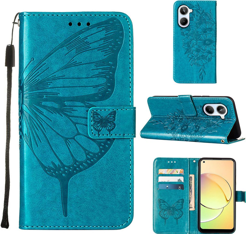 Lederhülle für Realme 10 4G Schmetterling Prägung Flip Ledertasche Kartenfächer Handyhülle mit Ständer Blau