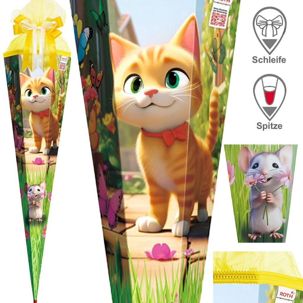Roth Schultüte 85 cm Mädchen Exklusiv Set, Motiv / Ausführung:Miez und Maus Schleife Spitze