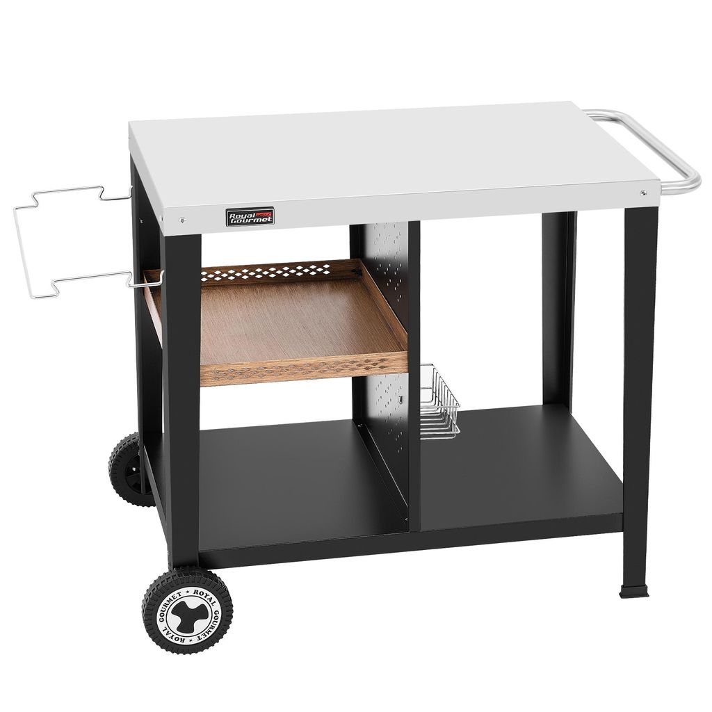 Royal Gourmet Grilltisch mit 85x50 cm Edelstahlplatte, 3-Etage Grillwagen für Tischgrill und Pizzaöfen, Rollwagen mit Griffen, Müllbeutelhalter