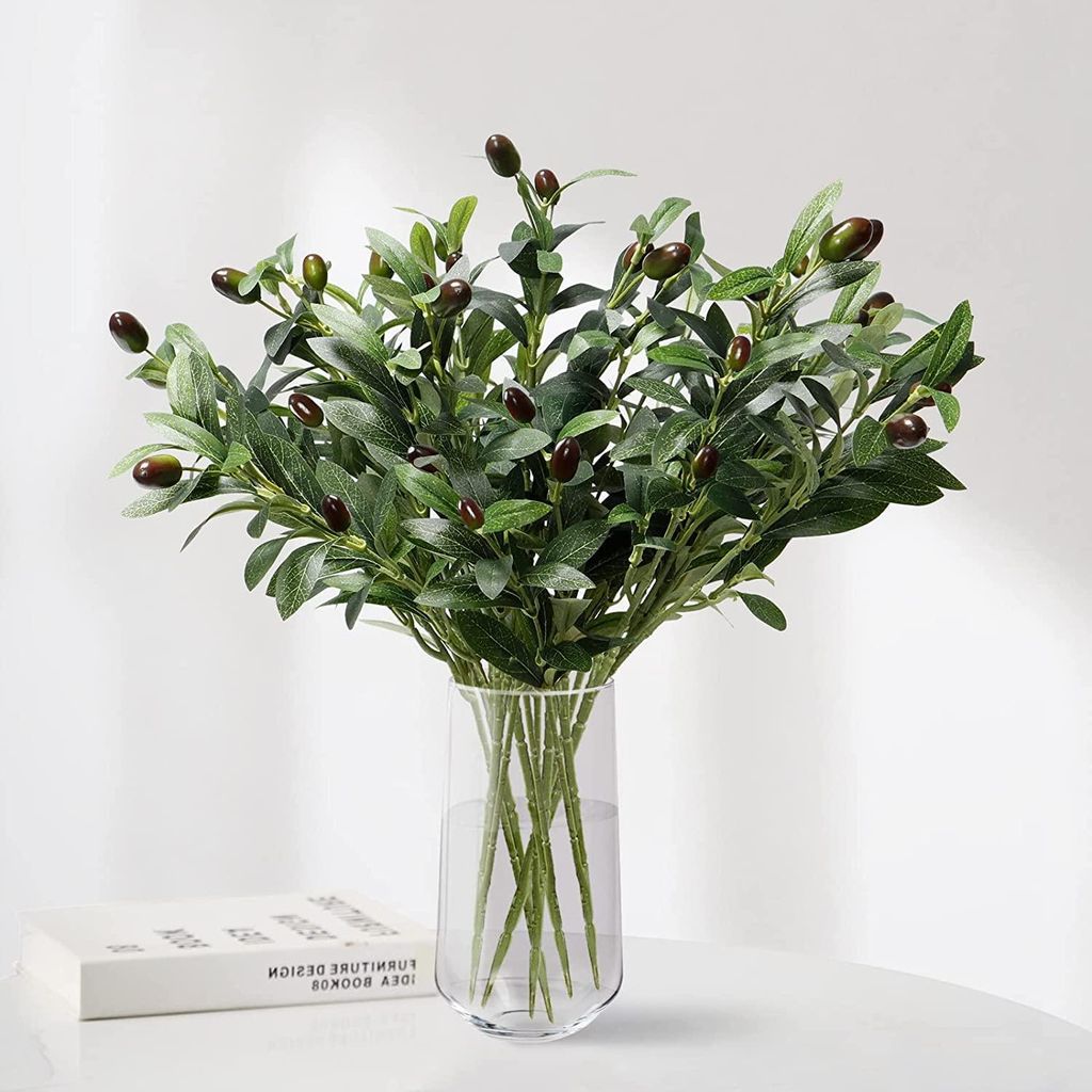 Set mit 6 Olivenzweigen, künstliche Pflanzen mit grünen Blättern, geeignet für Obst und Blumen in Vasen, Sträußen und Brautsträußen.