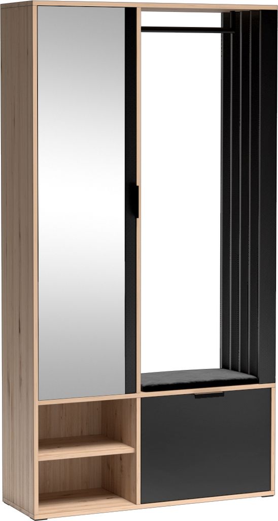 Minio, Garderobenset "MILO", Garderobe, 100 cm, mit gepolstertem schwarzem Sitz, Artisan Eiche / Schwarze Farbe