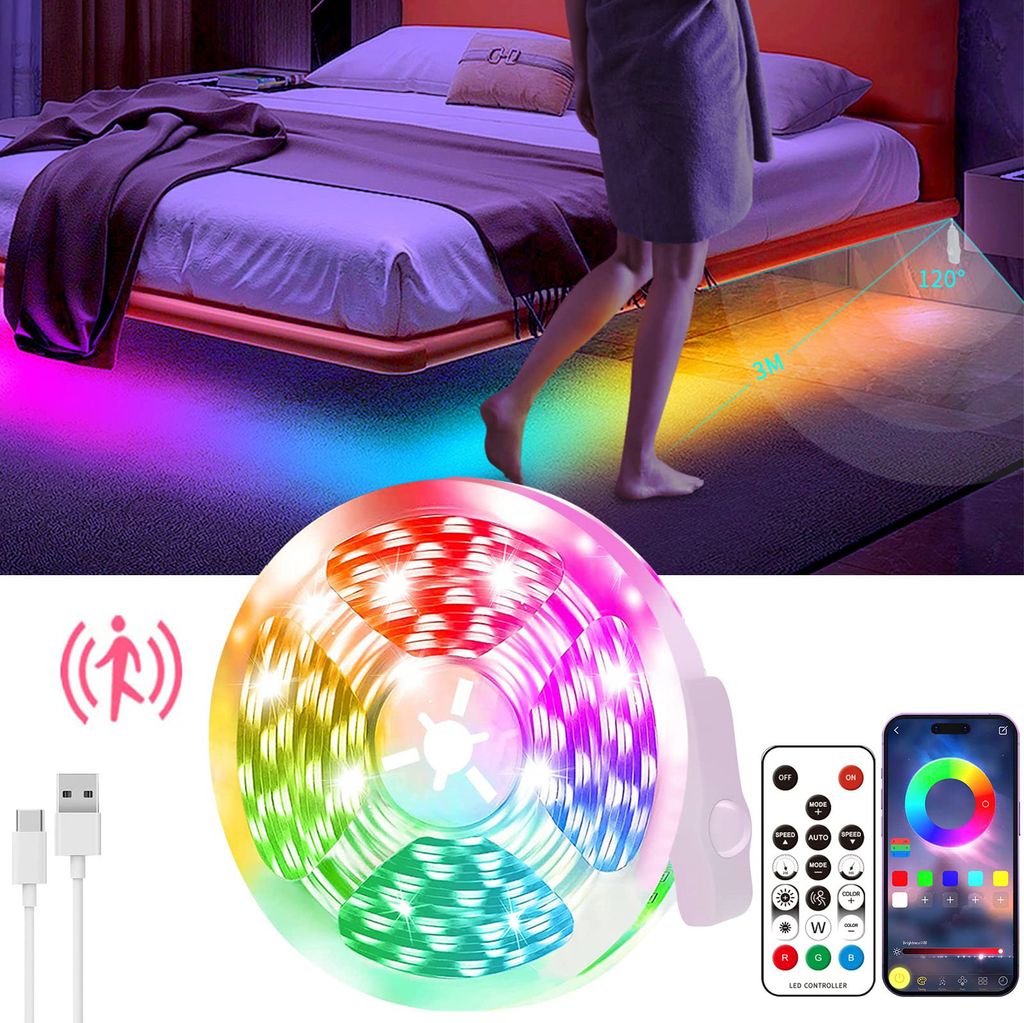 RGB LED Strip mit Bewegungsmelder,5M Led Streifen Fernbedienung APP, Led Lichtband 28Modi Musik Sync USB Selbstklebend Schlafzimmer Treppe Flur