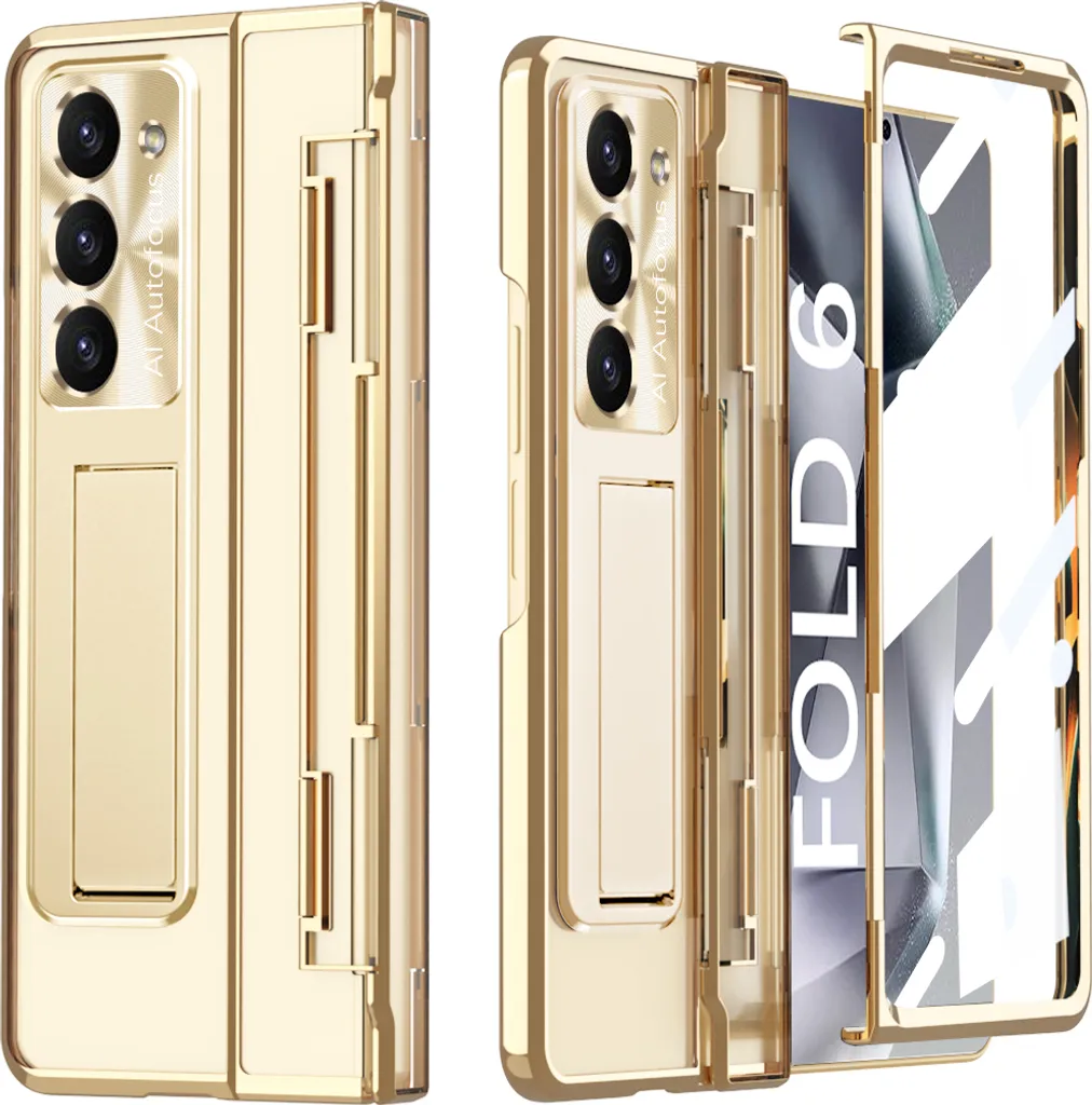Regalo Luxury: Custodia Z Fold 6 Trasparente Oro con Supporto e Vetro