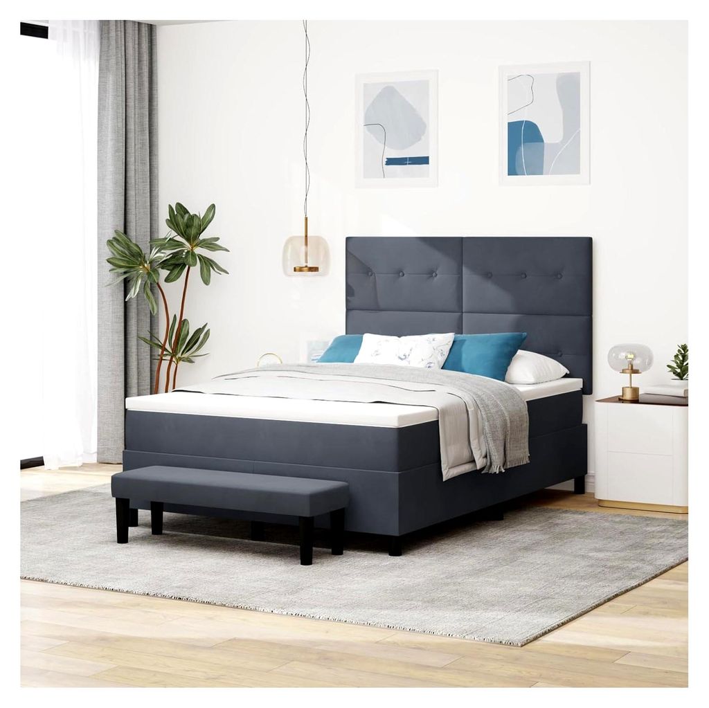 Boxspringbett mit Matratze und Bank in Dunkelgrau 140x190 cm aus Samt