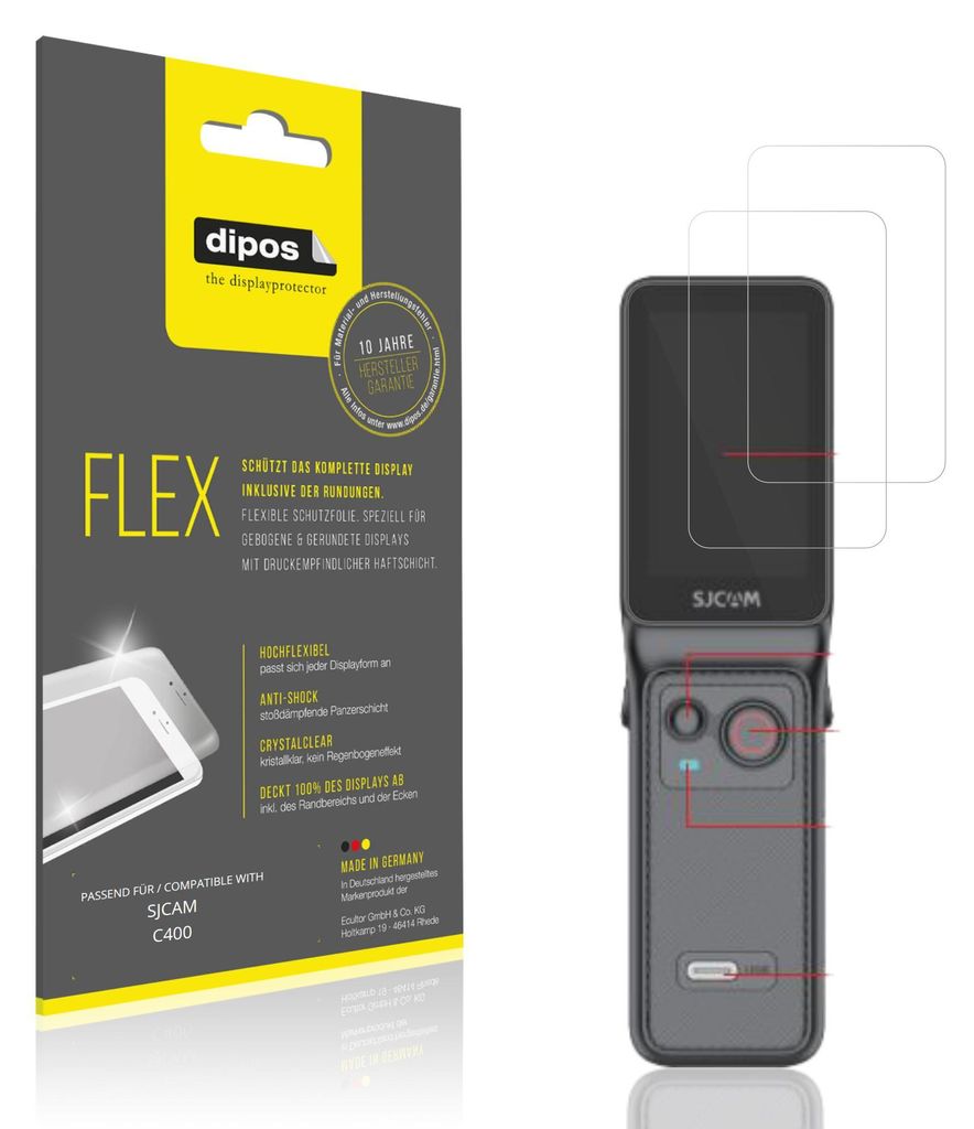 2x Schutzfolie für SJCAM C400 Folie, 100% Displayabdeckung, dipos Flex