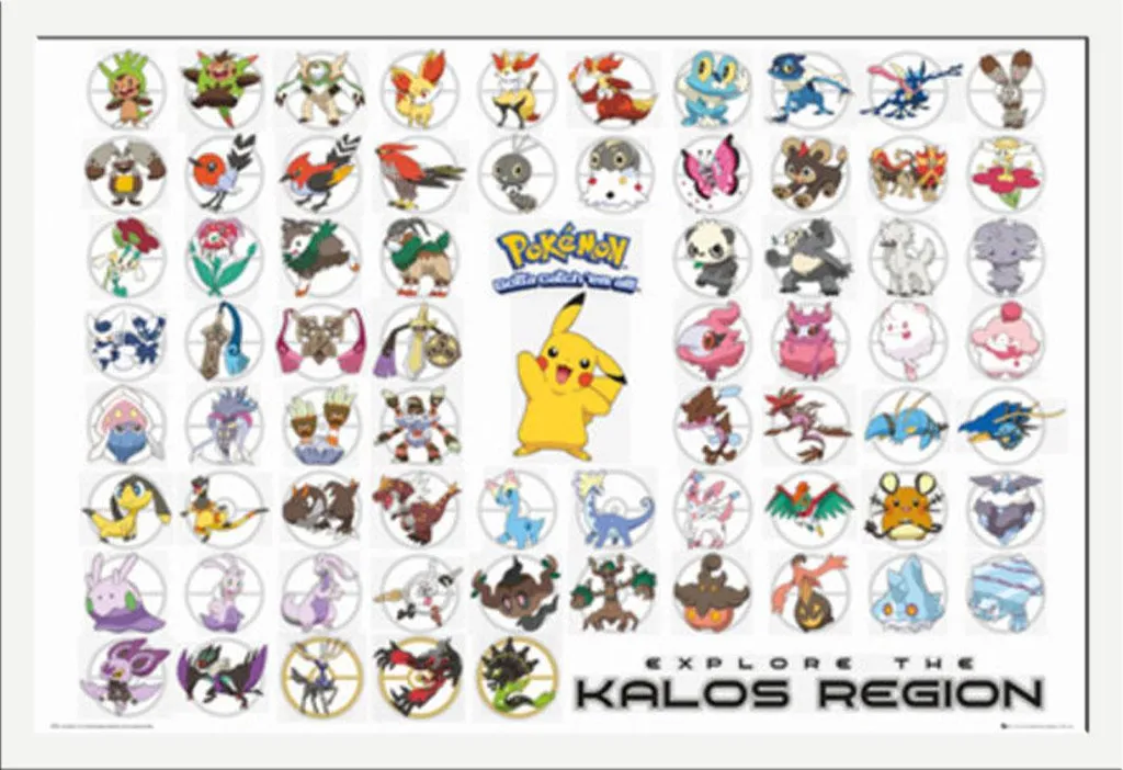 Pokemon - Pokémon - Poster - Regione Kalos + cornice rimovibile, Shinsuke® Maxi MDF bianco, disco acrilico