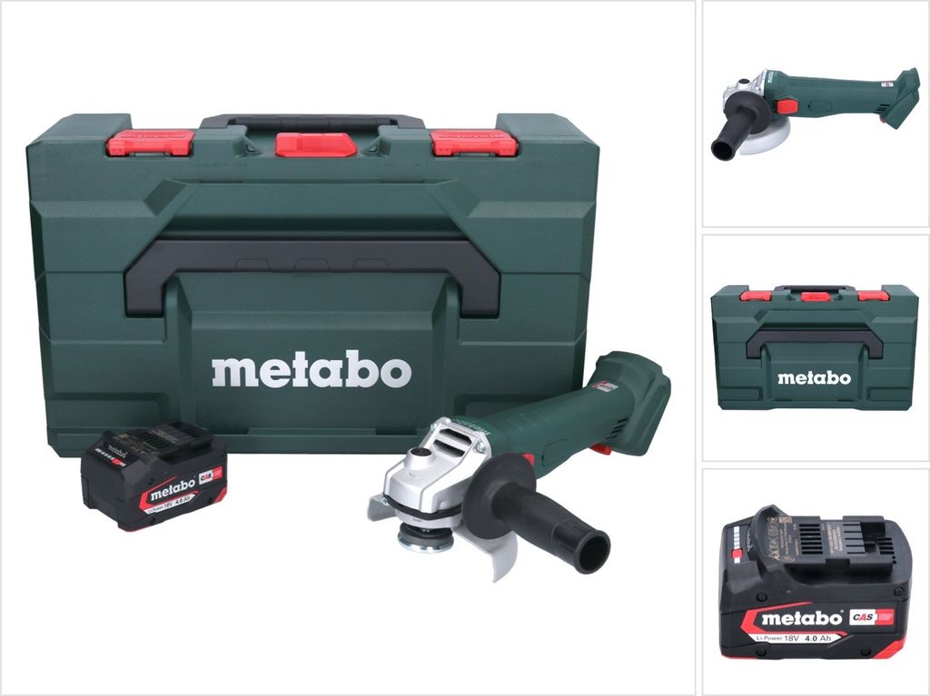 A Metabo angle grinder set including the grinder, a battery, and a storage case, displayed on a white background.