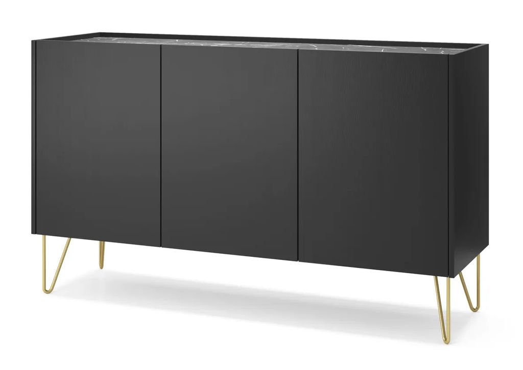 Breite Kommode DEVIKA - schwarzer Graphit / schwarzer Marmor