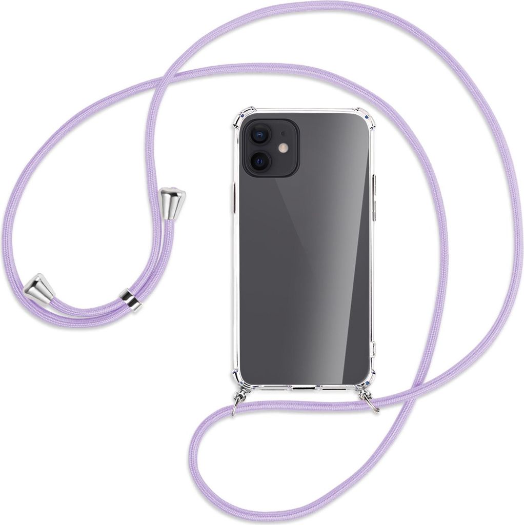 Handykette Backcover-Schutzhülle mit Band (Metall silberfarben) für Apple iPhone 12, 12 Pro - violett