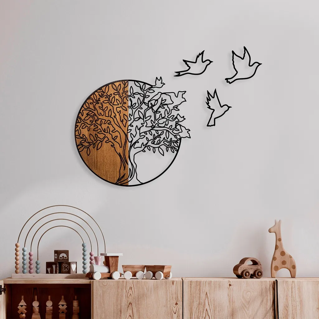 Accessoire Mural en Bois de Noyer et Métal Tree And Birds 2 Design Chic