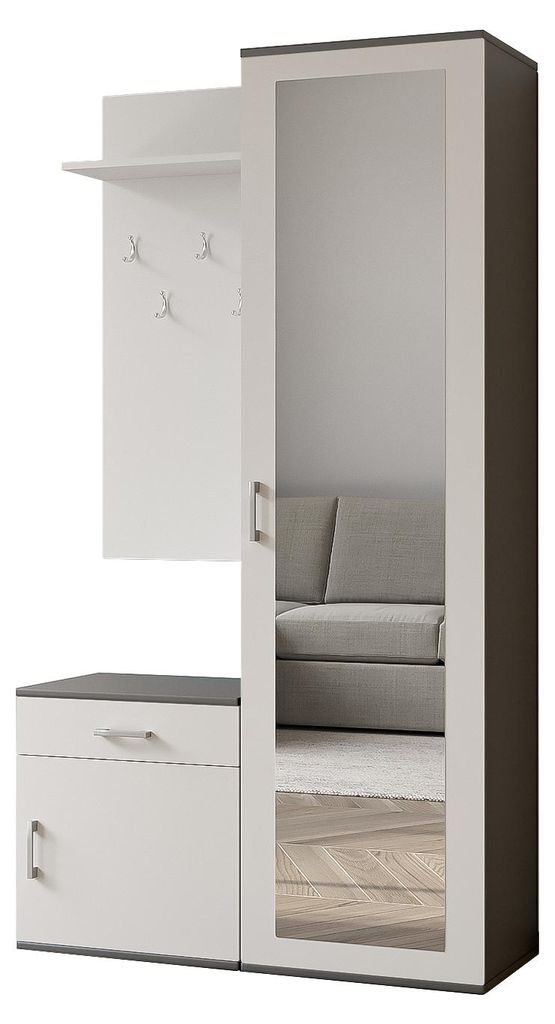 Margaret Hadas24 Garderobe PATRICIA 100 cm mit Spiegel, Flurgarderobe mit Schuhschrank und Schublade, Dielengarderobe Garderobenset (grau, weiß)