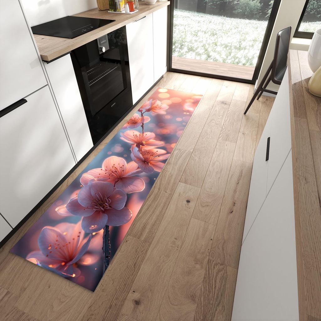 Küchenteppich 60x240cm rutschfest & abwischbar PVC Läufer - Blühender Zweig