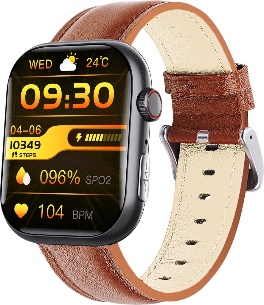 INF Smarte EKG-Uhr Herzfrequenzmesser, Fitness-Tracker, mit mehreren Sportmodi Schwarzes und braunes Lederarmband