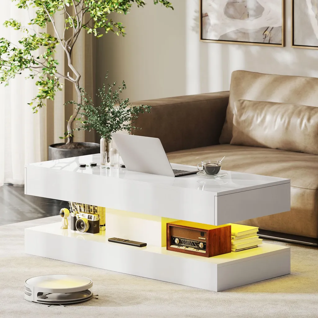 Table basse design laquée avec LED intégrées et étagère de rangement