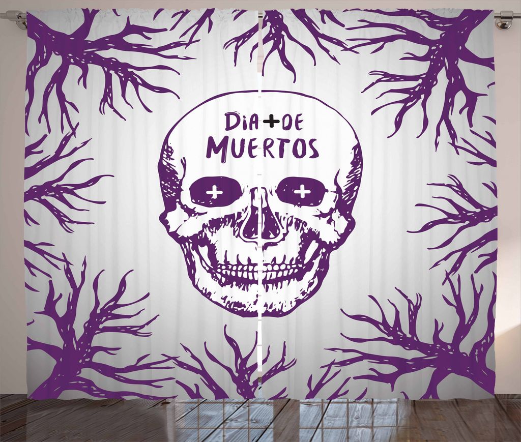 ABAKUHAUS Schädel Rustikaler Gardine, Gespenstische gotische Halloween, Schlafzimmer Kräuselband Vorhang mit Schlaufen und Haken, 280 x 175 cm, Lila