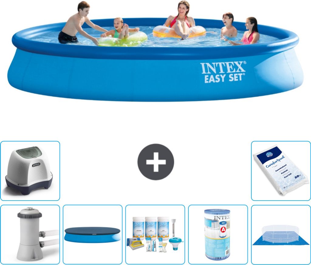 Intex runder aufblasbarer Easy Set-Schwimmpool – 457 x 84 cm – Blau – inklusive Pumpe Abdeckung - Wartungspaket - Filter - Bodenplane - Salzw...