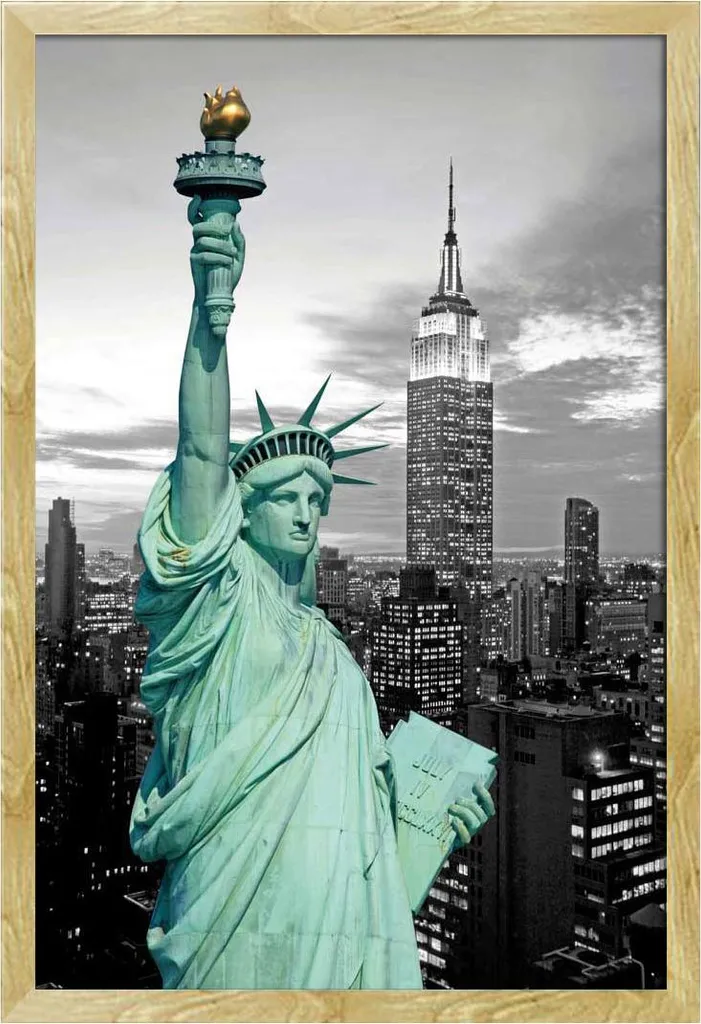 New York - Poster - Statua della Libertà Colourlight + cornice rimovibile, Shinsuke® Maxi MDF faggio, vetro acrilico
