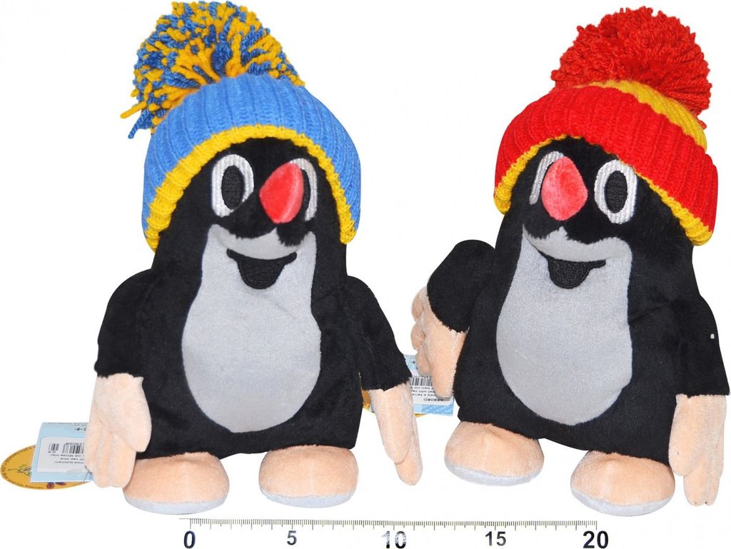 Two plush mole toys wearing knitted hats.