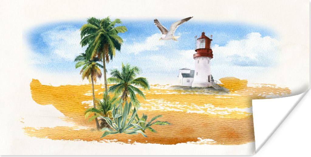 MuchoWow Poster Leuchtturm - Palme - Vogel - Strand 160x80 cm - Foto Poster