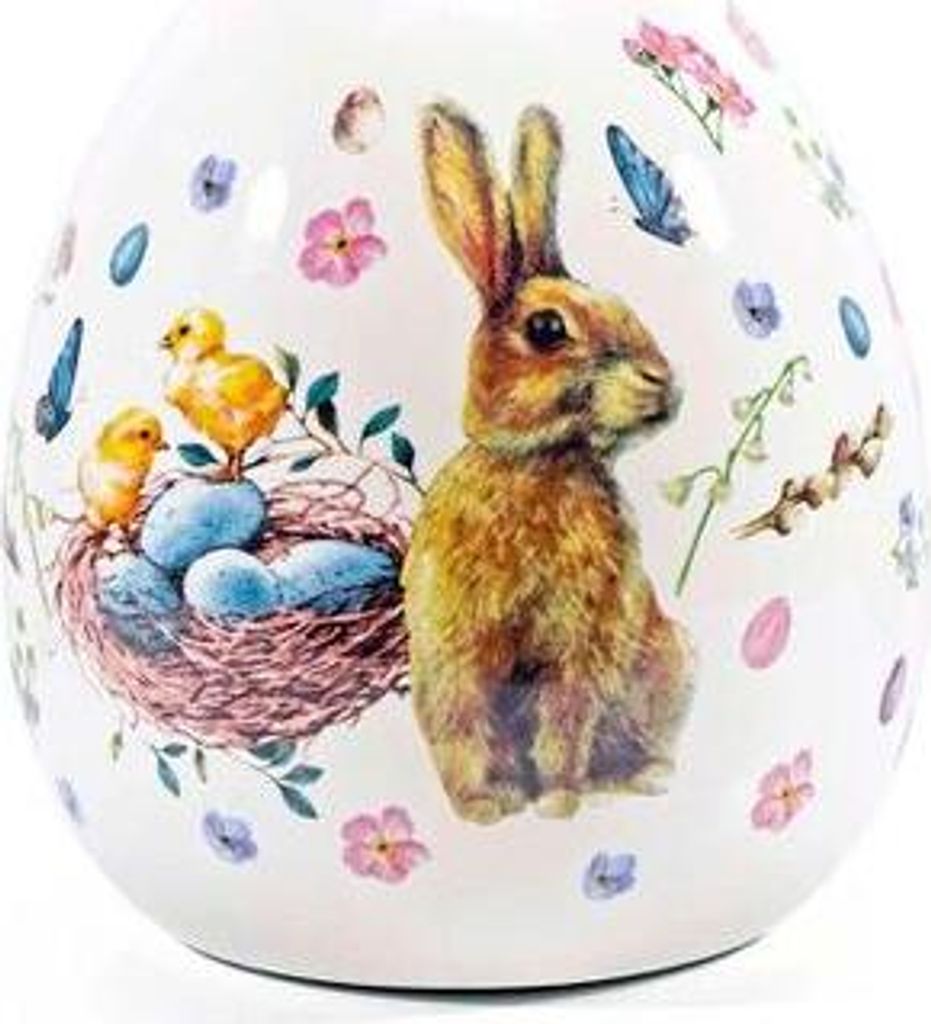 Deko-Osterei Frohe Ostern Keramik Cremefarben, 12x14 cm, glänzend glasiert, farbenfrohes Motiv