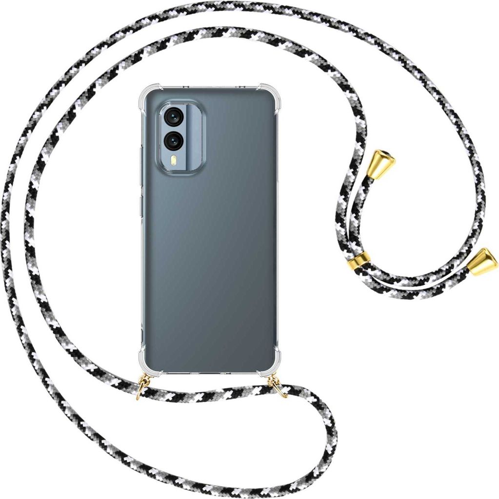 Handykette Backcover-Schutzhülle mit Band (Metall goldfarben) für Nokia X30 5G (6.43'') - schwarz/grau/weiß