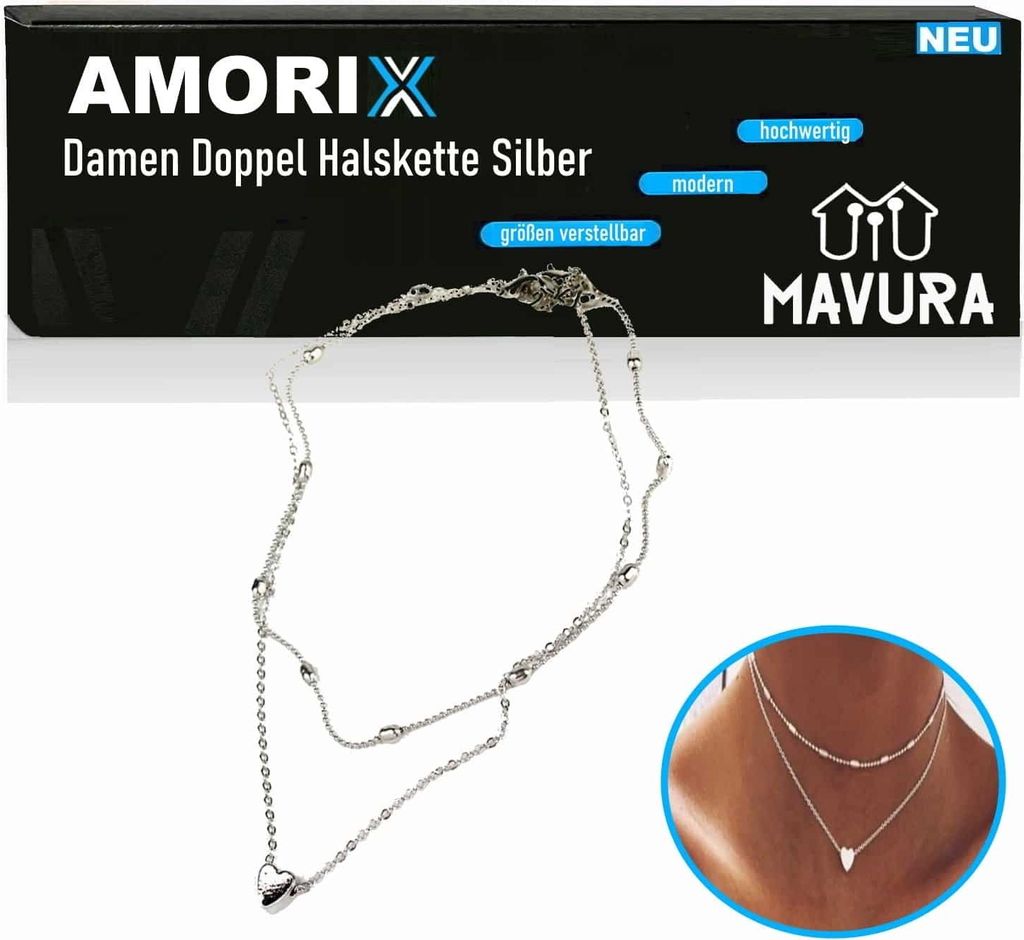 AMORIX Damen Doppel Kette Halskette silber Herz Set Blogger kurz Valentinstag
