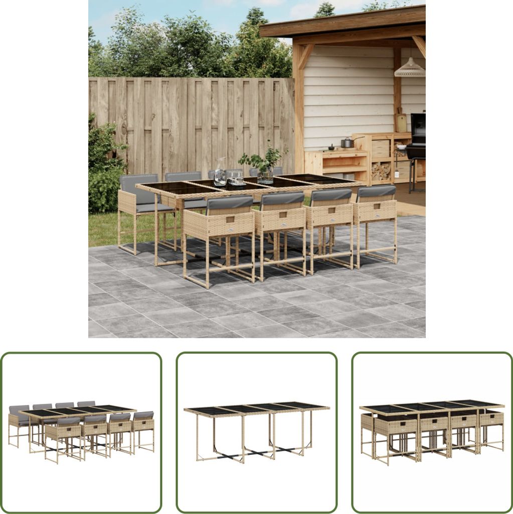 The Living Store 9-tlg. Garten-Essgruppe mit Kissen Beigemischung Poly Rattan