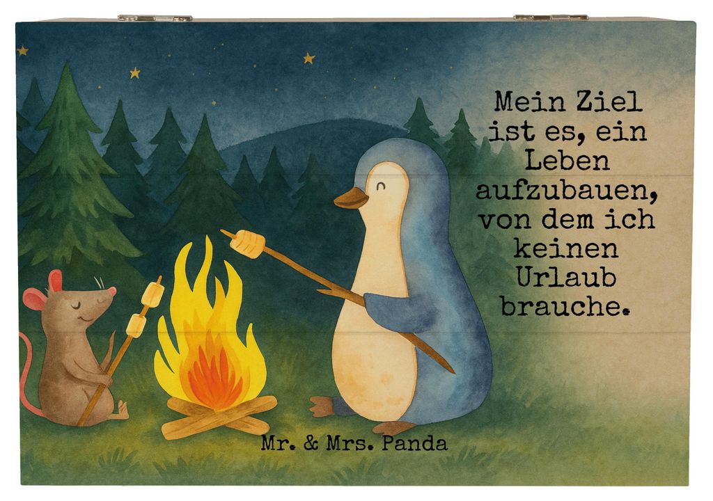Mr. & Mrs. Panda box holz Pinguin Lagerfeuer Design 22 x 15 cm - Weiß - Geschenk, Pinguine, Schatulle, kiste, Holzkiste, Schatzkiste, Maus, Marshm...