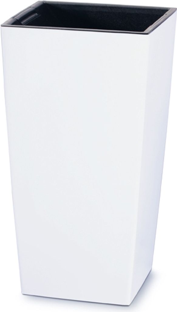 A white planter pot with a black rim.