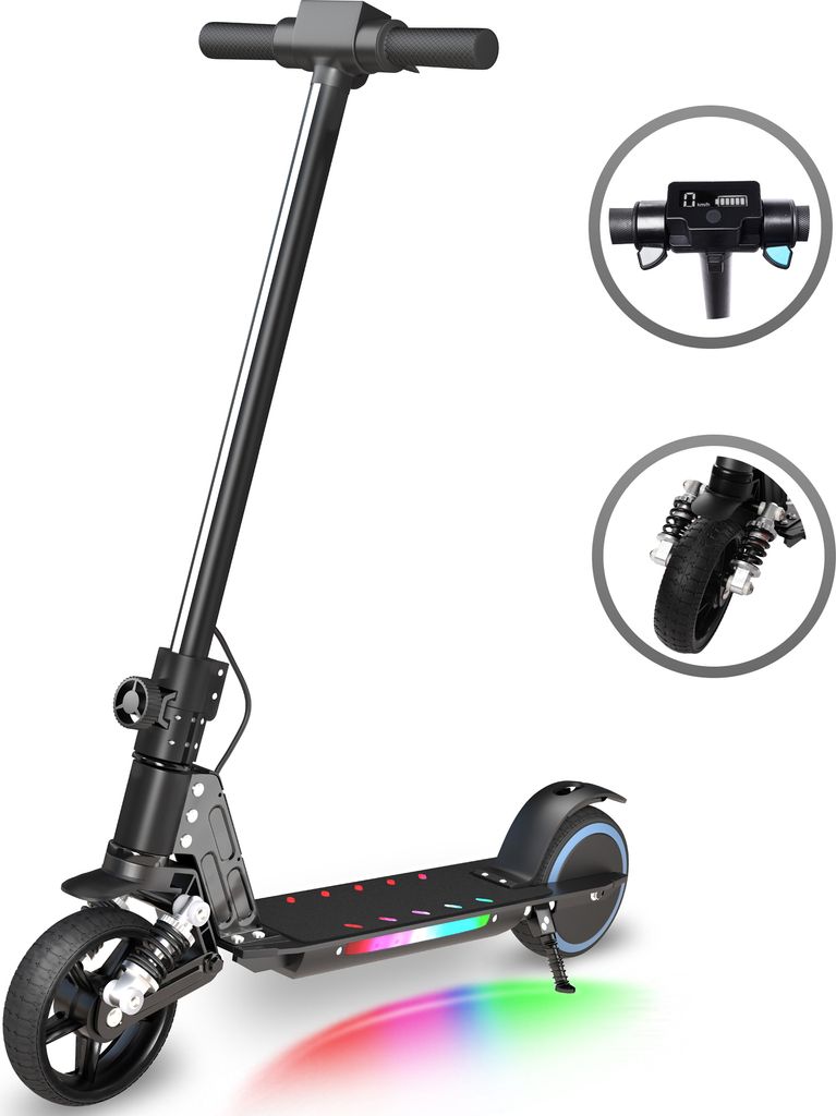 Elektroscooter Mit Stoßdämpfende Funktion, LED-Anzeige, 14km/h, 130W E Scooter, Faltbarer Elektroroller Geschenk Für Kinder und Jugendliche Ab 6-16 Jahren- Schwarz