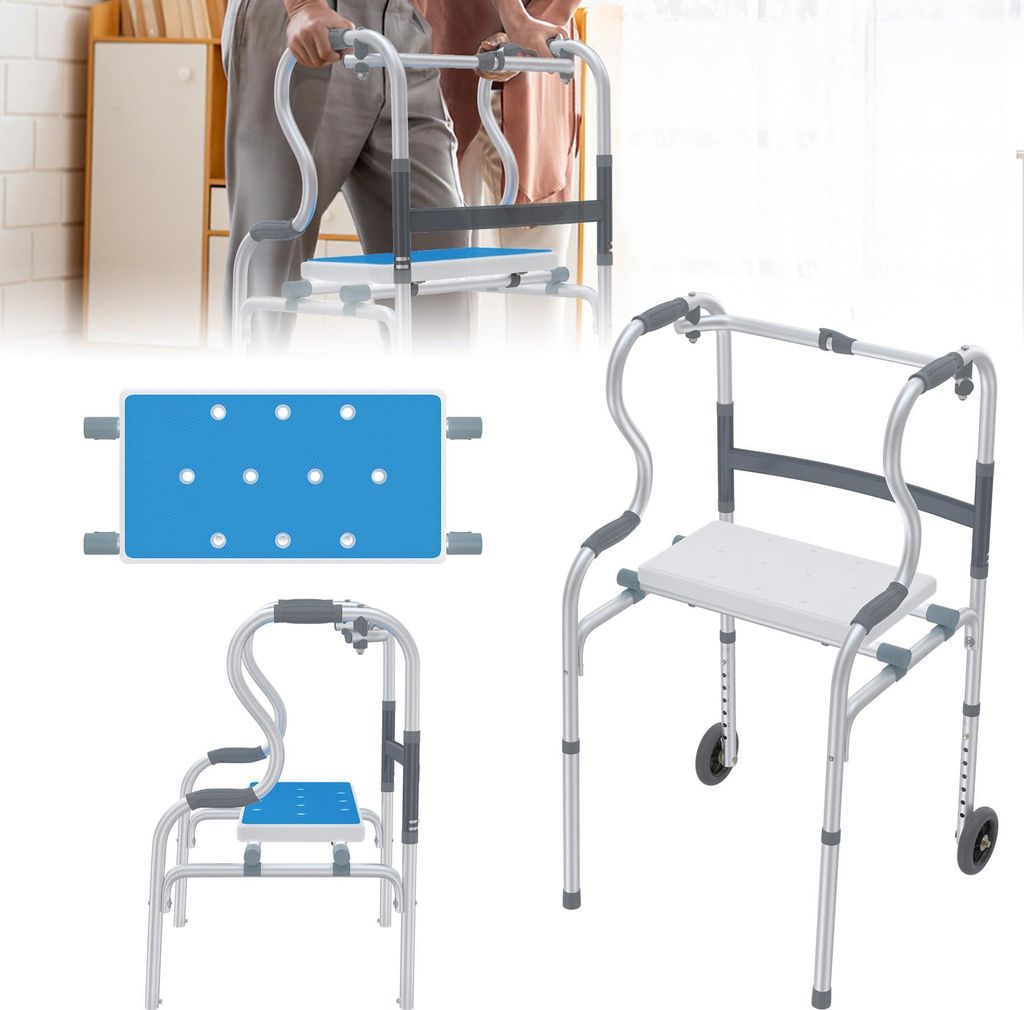 ACXIN Gehbock Klappbarer aus Aluminium, Gehhilfen mit 2 Rädern und Ergonomische Griff, Gehbock 8 Gang HöHenverstellung mit Abnehmbarem Sitz, Mobi...