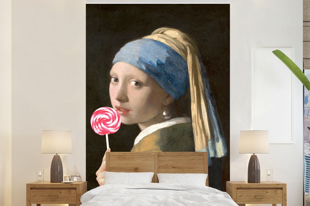 MuchoWow Fototapete für Wohnzimmer oder Schlafzimmer Wandtapete Vinyl Motivtapete Mädchen mit Perlenohrring - Johannes Vermeer - Lollipop - Ros...