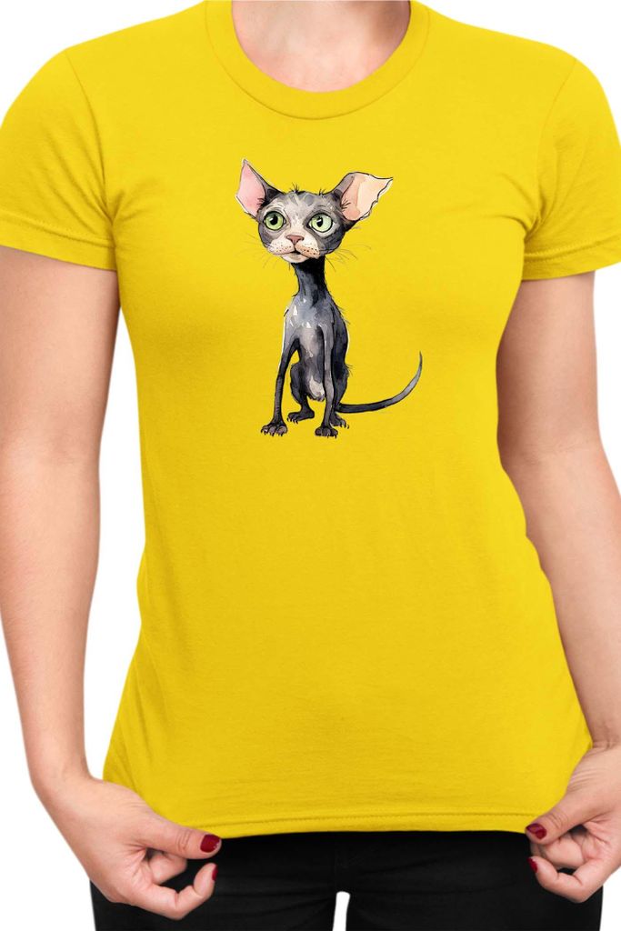 Damen T-Shirt Funny Cats Breeds Bambino Cat 011, Lady 2XL / Gelb