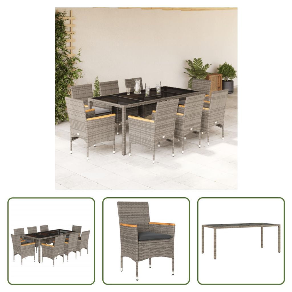 The Living Store 9-tlg. Garten-Essgruppe mit Kissen Grau Poly Rattan und Glas