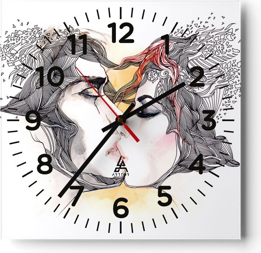 Wanduhr - Quadrat - Glasuhr - Paar Küssen Abstraktion - 40x40cm - Schleichendes Uhrwerk - Lautlos - zum Aufhängen bereit - Dekoration Modern - Wa...