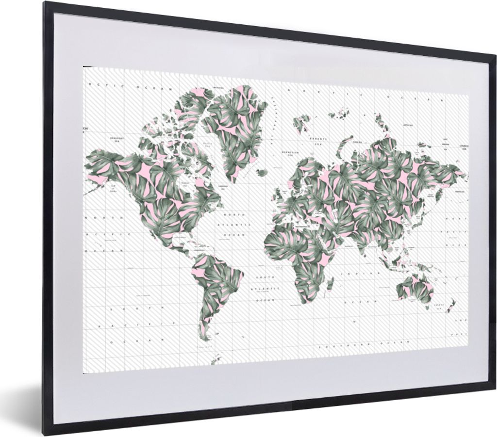 MuchoWow MuchoWow Gerahmtes Poster Weltkarte - Pflanzen - Rosa 60x40 cm - Poster mit zchwarzem Bilderrahmen - Schlafzimmer - Plakat in Rahmen -...