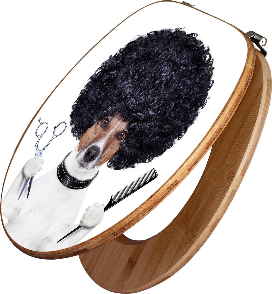 banjado Design WC Sitz Bambus 44x38x5cm - Friseur Jack Russel - Toilettendeckel/Toilettensitz Bambus - hochwertiger Bambus Klodeckel/WC-Sitz mit Un...